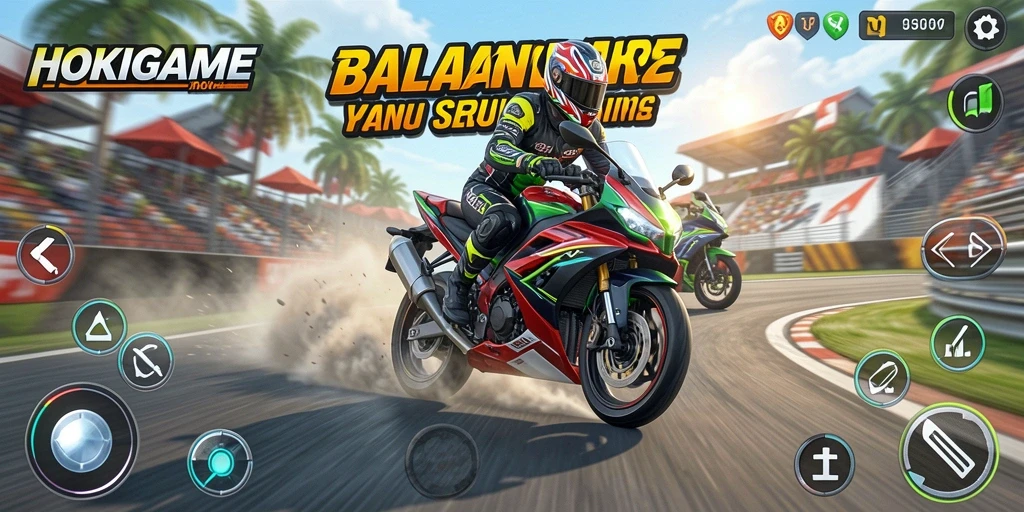 Tangkapan layar HOKIGAME menampilkan balapan motor yang seru dan penuh aksi.