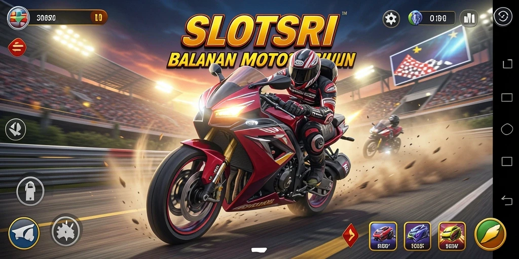 Gameplay SLOTSRI menampilkan aksi balapan motor yang mendebarkan.